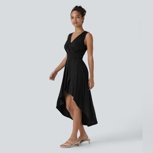 Deep V Neck Sleeveless High Low Crossover
Hem Flowy Midi Casual Dress